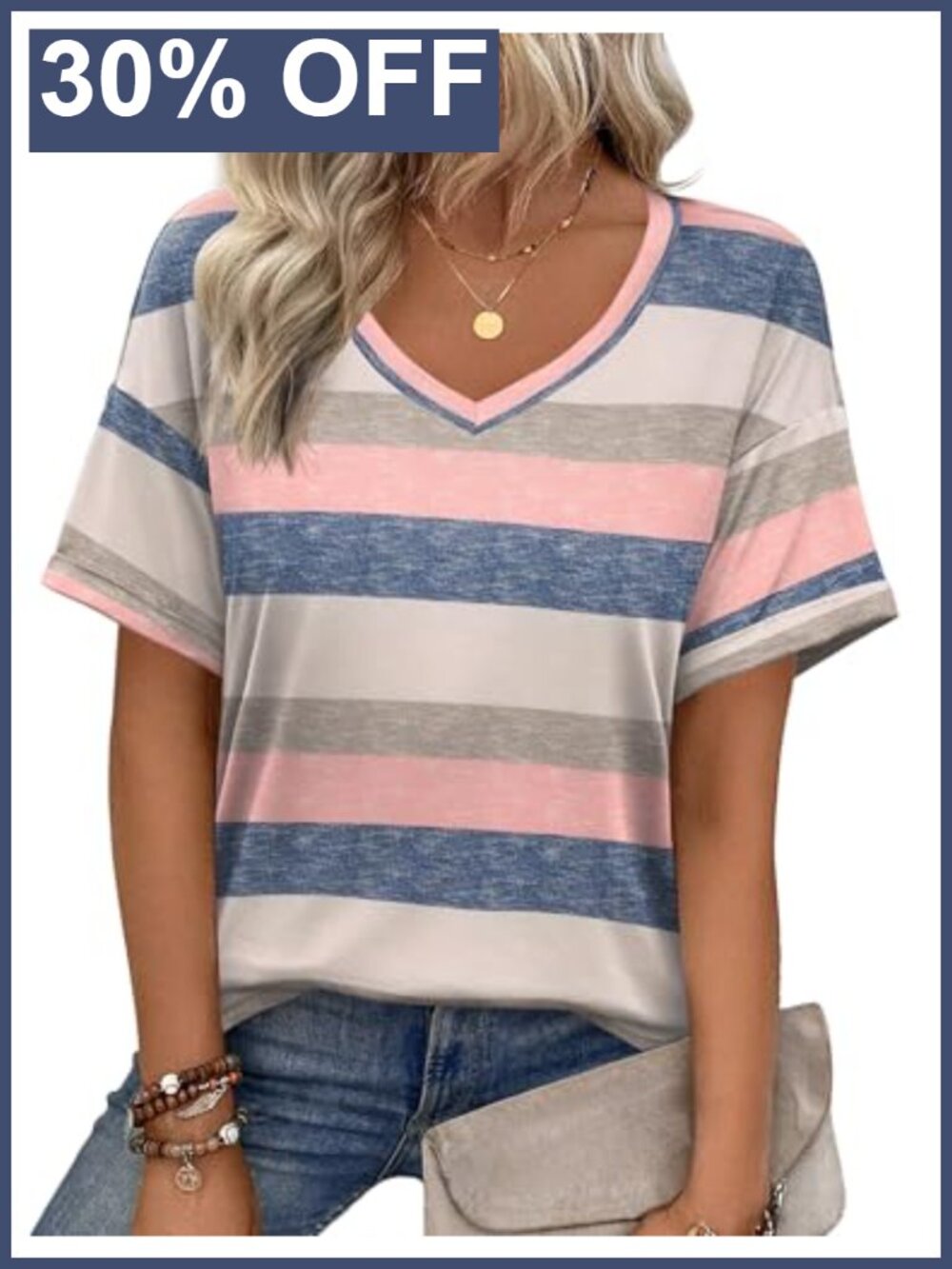 Women's V Neck Short Sleeve Roll Sleeve T-Shirt Loose Fit Casual Summer Top